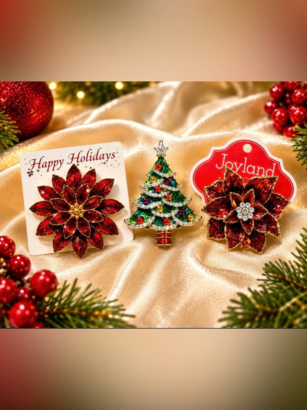 Vintage Enamel Christmas Brooch Pin Set Poinsettia & Tree (3 Pieces)